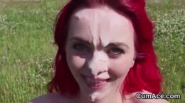 Horny doll gets cum shot on her face swallowing all the jizm